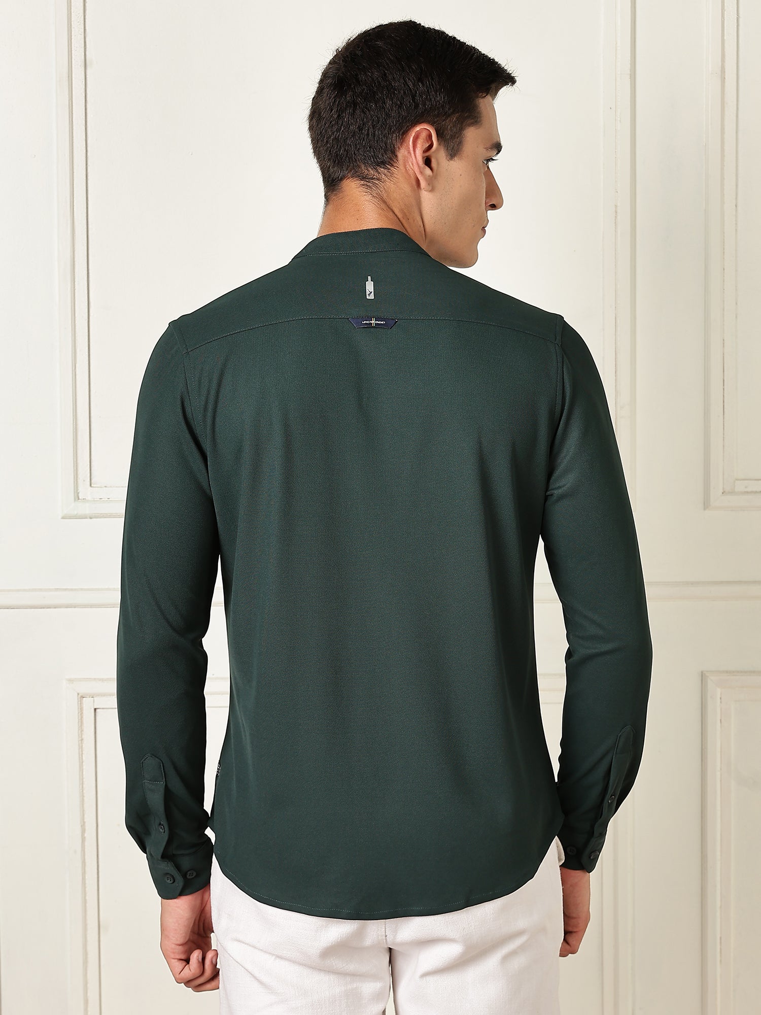 Thomas Scott Men Green Premium Slim Fit Long Sleeves Mandarin Collar 4 Way Stretch CoolMax Knitted Shirt