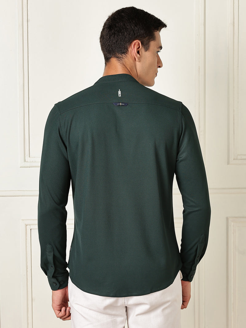 Thomas Scott Men Green Premium Slim Fit Long Sleeves Mandarin Collar 4 Way Stretch CoolMax Knitted Shirt