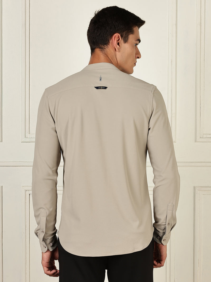 Thomas Scott Men Grey Premium Slim Fit Long Sleeves Mandarin Collar 4 Way Stretch CoolMax Knitted Shirt