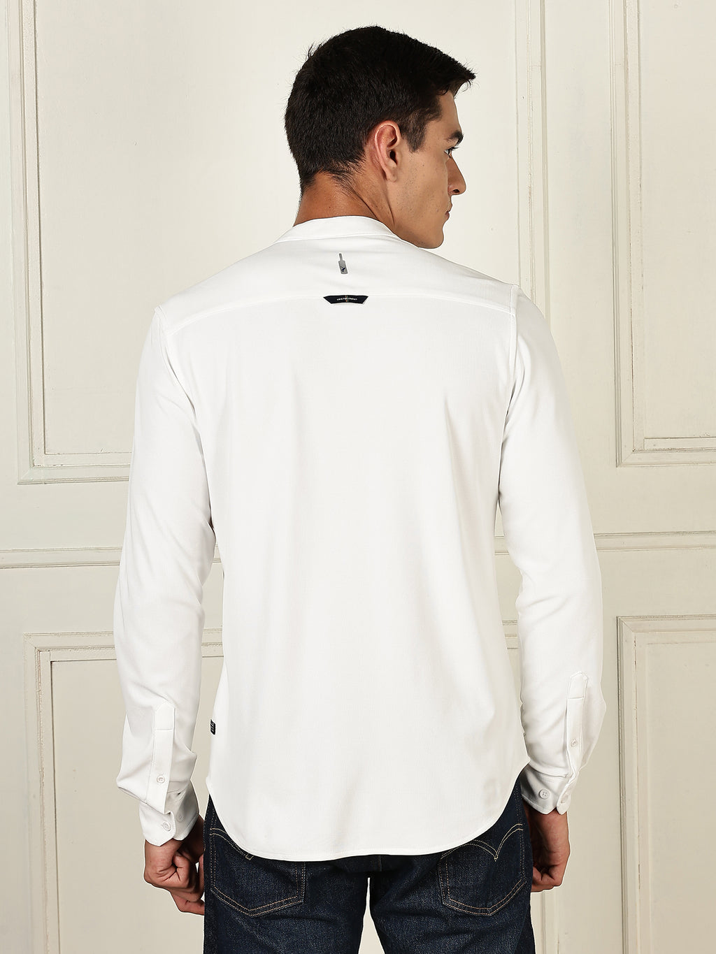 Thomas Scott Men White Premium Slim Fit Long Sleeves Mandarin Collar 4 Way Stretch CoolMax Knitted Shirt