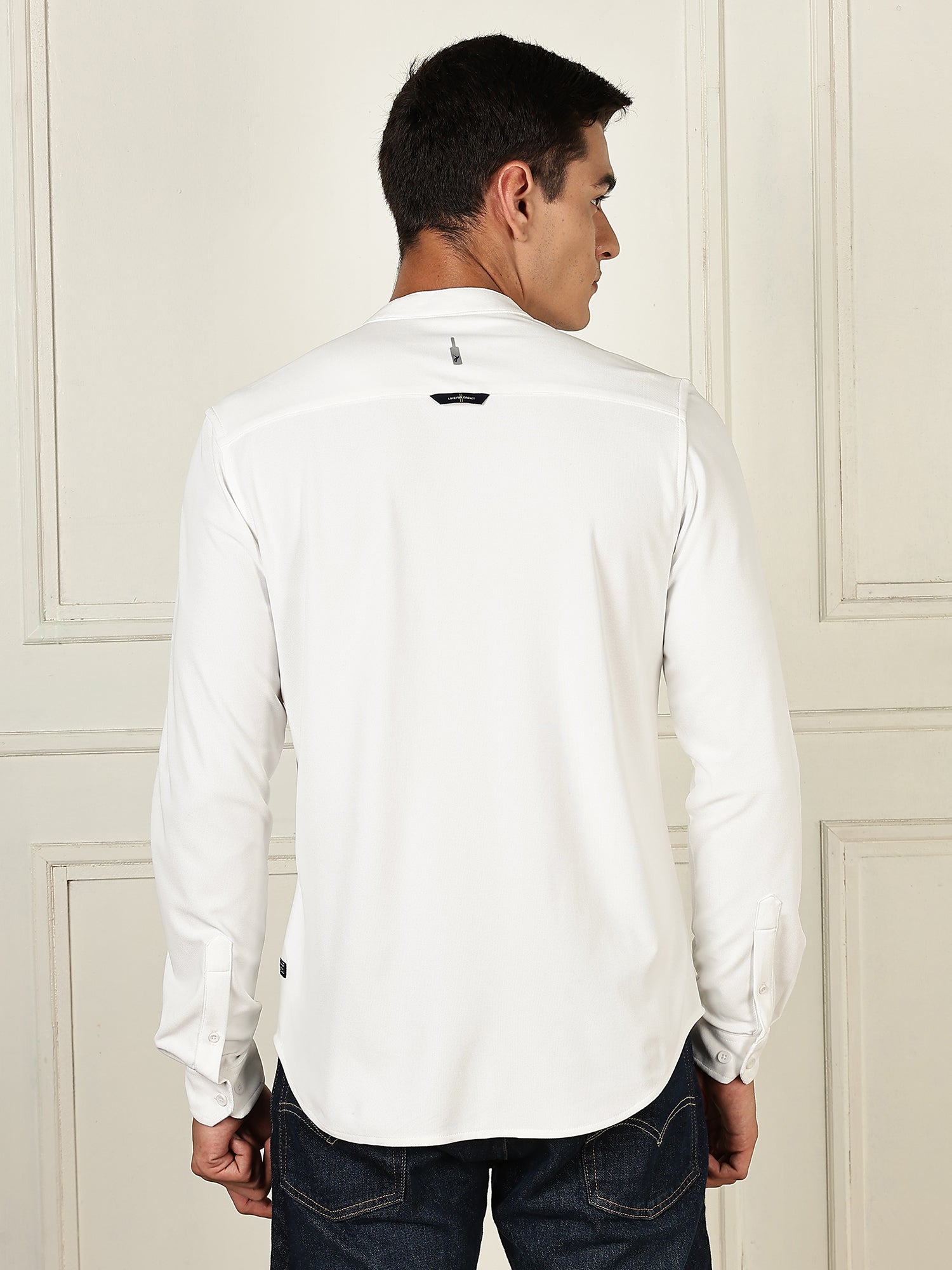 Thomas Scott Men White Premium Slim Fit Long Sleeves Mandarin Collar 4 Way Stretch CoolMax Knitted Shirt