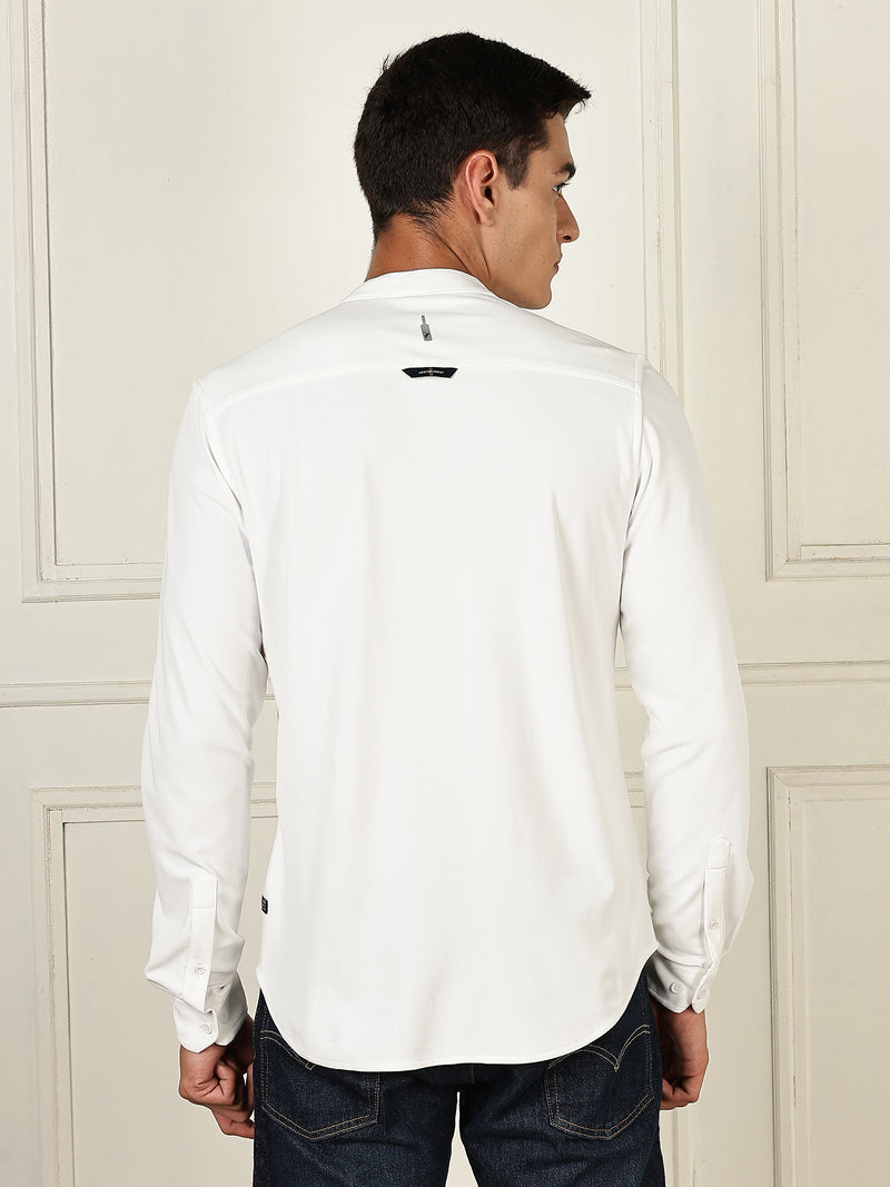 Thomas Scott Men White Premium Slim Fit Long Sleeves Mandarin Collar 4 Way Stretch CoolMax Knitted Shirt