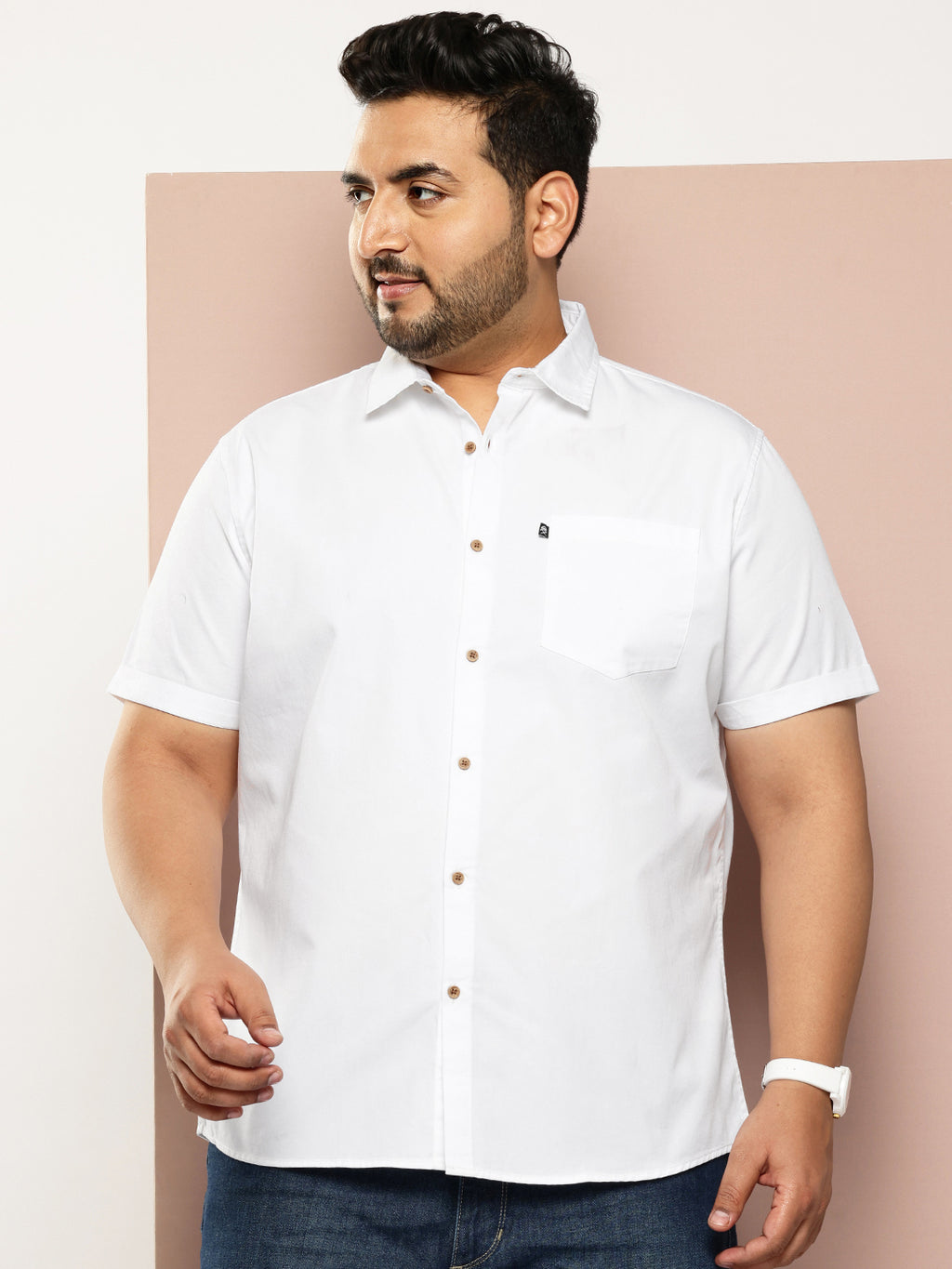 Thomas Scott Men White Plus Size Regular Fit Short Sleeves Spread Collar Pure Cotton Casual Shirt