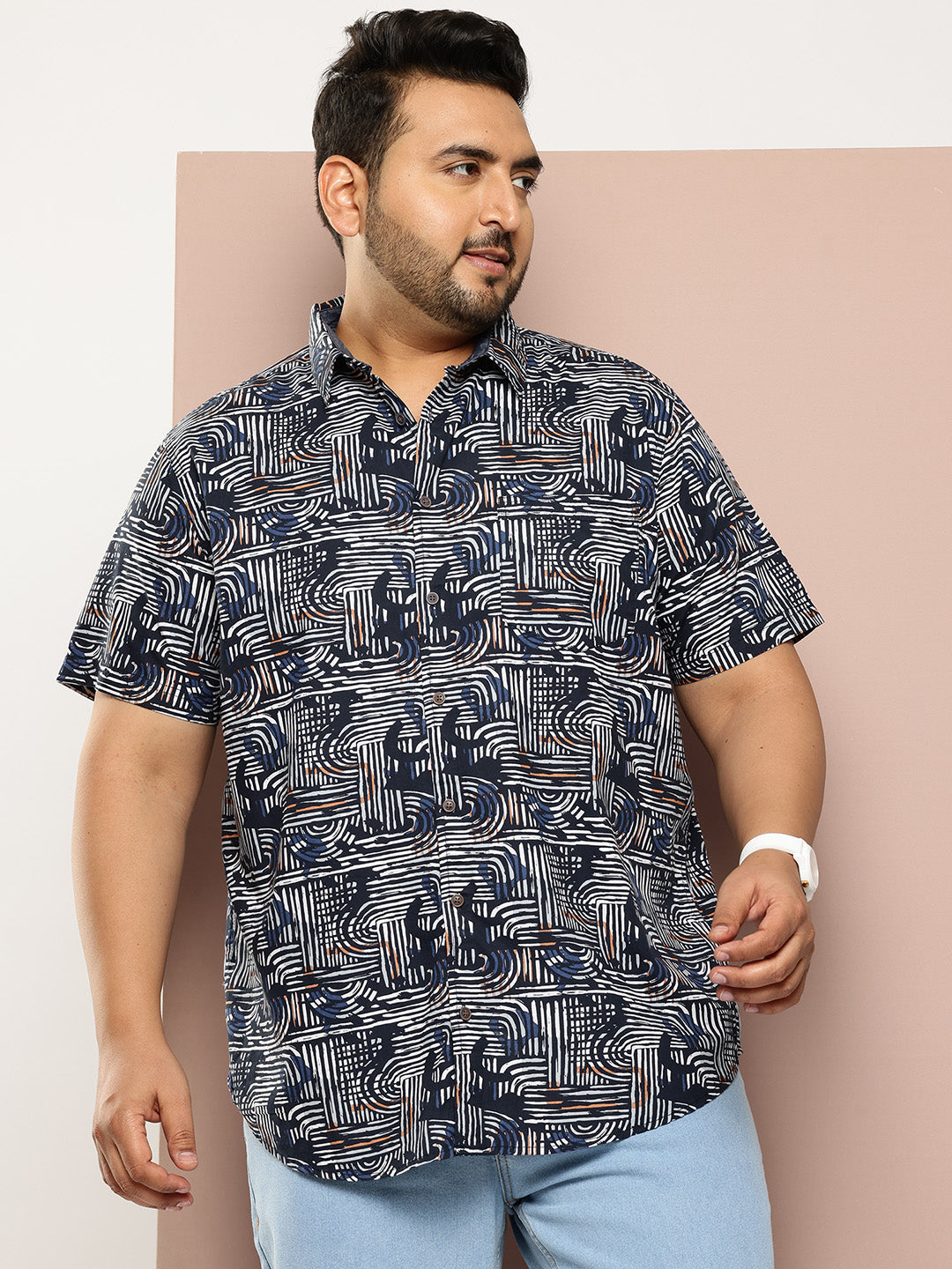 Thomas Scott Men Navy Plus Size Regular Fit Short Sleeves Graphic Print Woven Casual Shirt