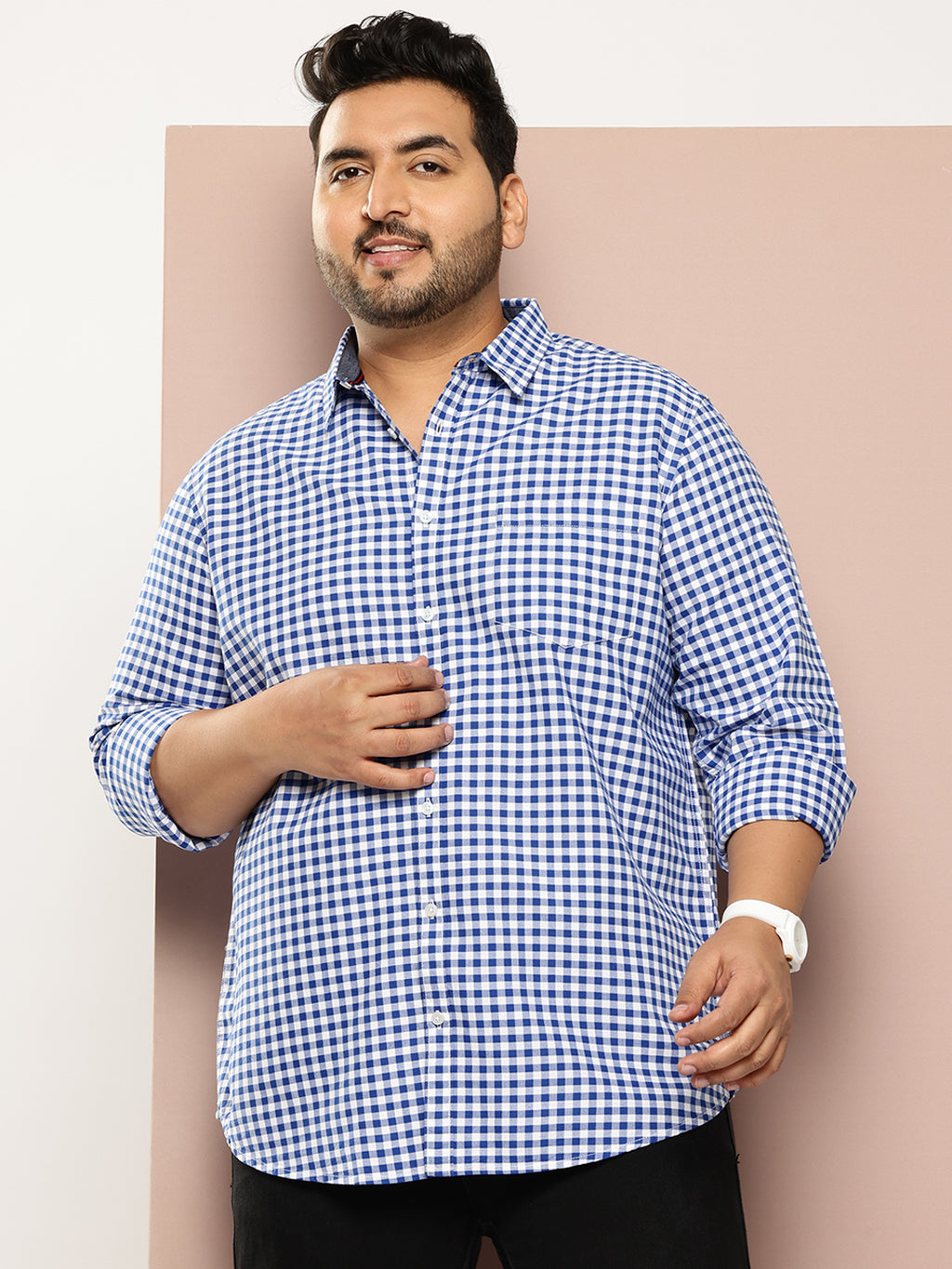 Thomas Scott Men RoyalBlue Plus Size Regular Fit Long Sleeves Gingham Checks Woven Casual Shirt