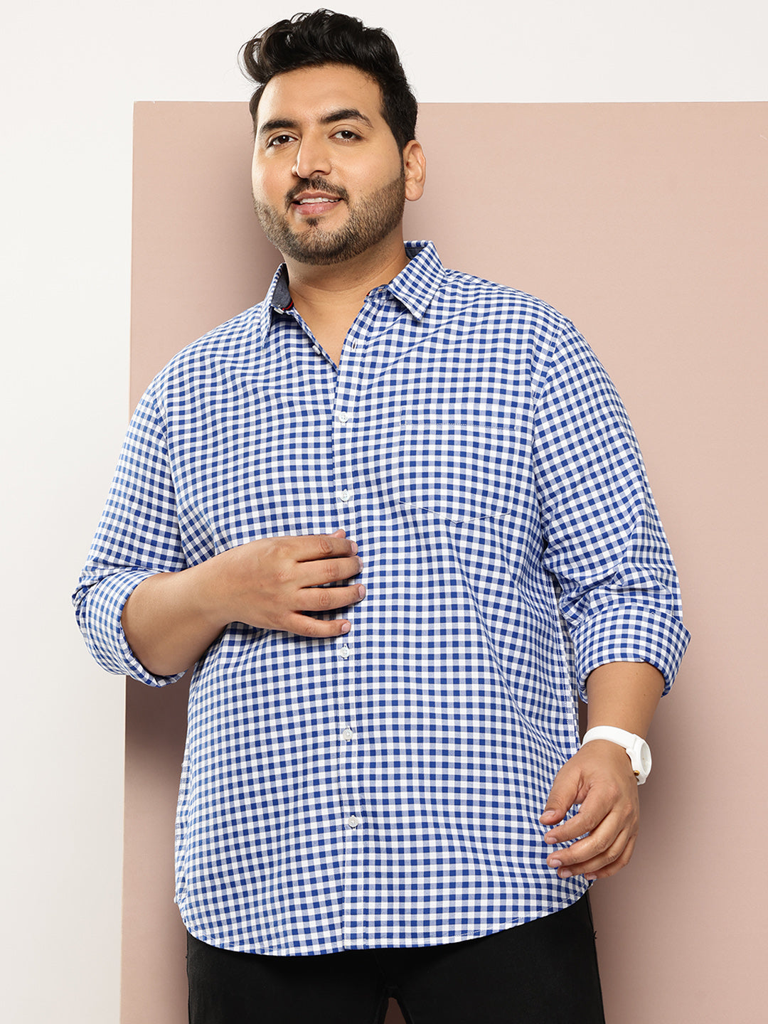 Thomas Scott Men RoyalBlue Plus Size Regular Fit Long Sleeves Gingham Checks Woven Casual Shirt