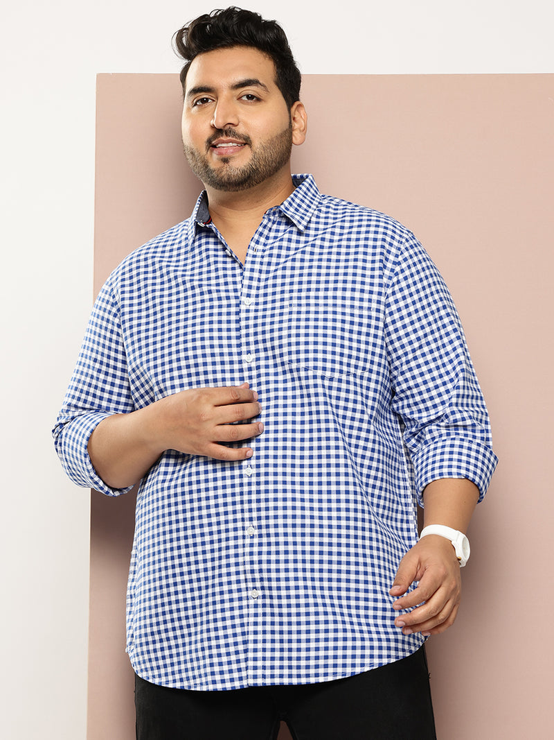 Thomas Scott Men RoyalBlue Plus Size Regular Fit Long Sleeves Gingham Checks Woven Casual Shirt