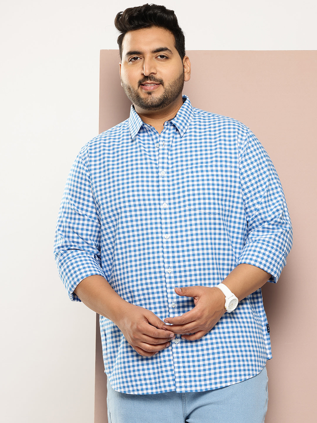 Thomas Scott Men Blue Plus Size Regular Fit Long Sleeves Gingham Checks Woven Casual Shirt