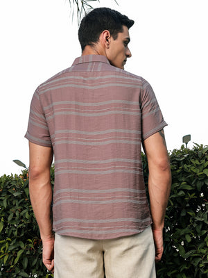 Thomas Scott Men Brown Slim Fit Short Sleeves Horizontal Stripes Woven Casual Shirt