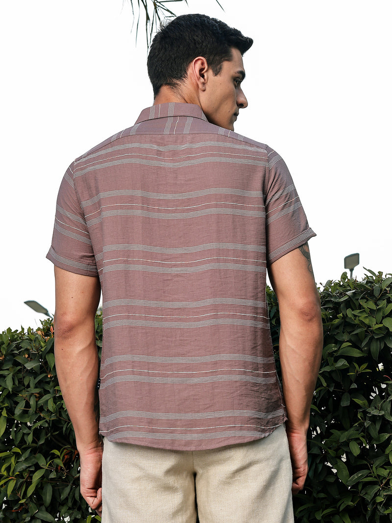 Thomas Scott Men Brown Slim Fit Short Sleeves Horizontal Stripes Woven Casual Shirt