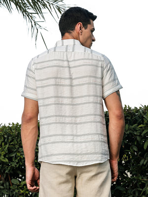Thomas Scott Men White Slim Fit Short Sleeves Horizontal Stripes Woven Casual Shirt