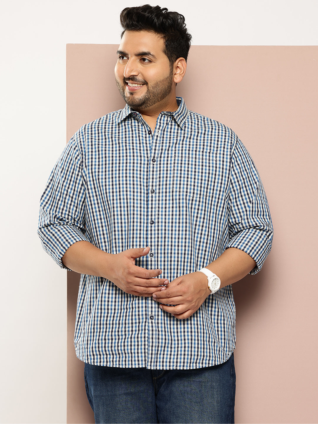 Thomas Scott Men Navy Plus Size Regular Fit Long Sleeves Gingham Checks Woven Casual Shirt