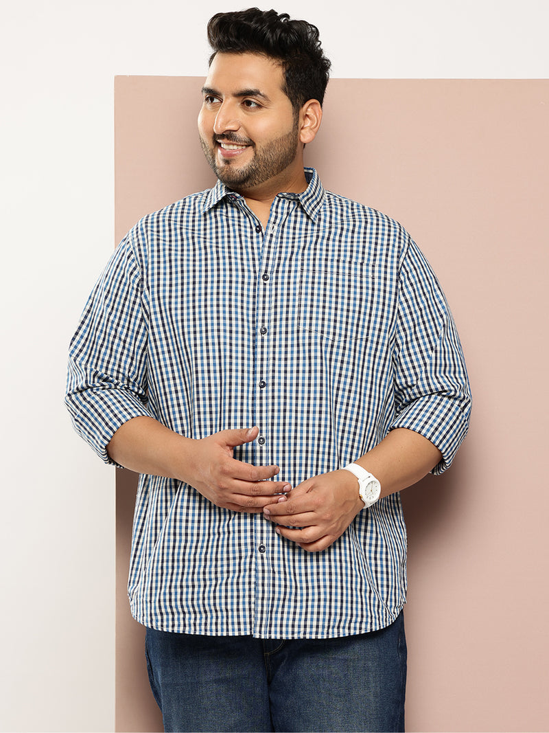 Thomas Scott Men Navy Plus Size Regular Fit Long Sleeves Gingham Checks Woven Casual Shirt