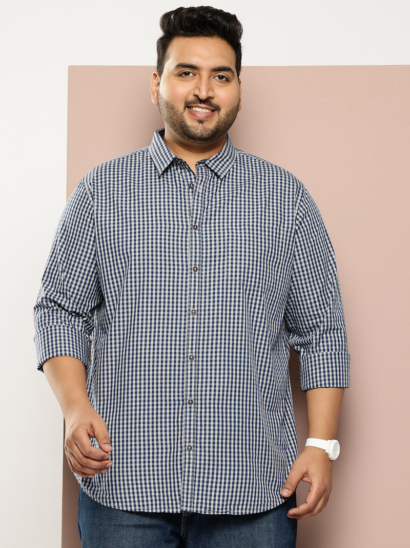Thomas Scott Men Navy Plus Size Regular Fit Long Sleeves Gingham Checks Woven Casual Shirt