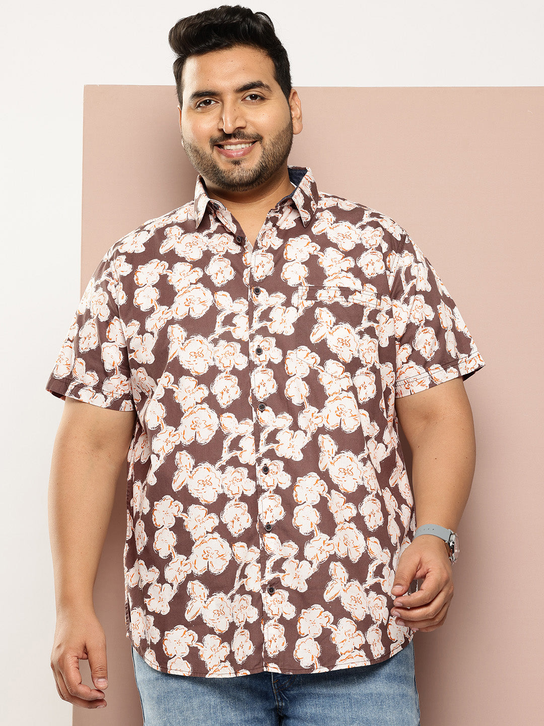 Thomas Scott Men Brown Plus Size Regular Fit Short Sleeves Floral Printed Woven Casual Shirt