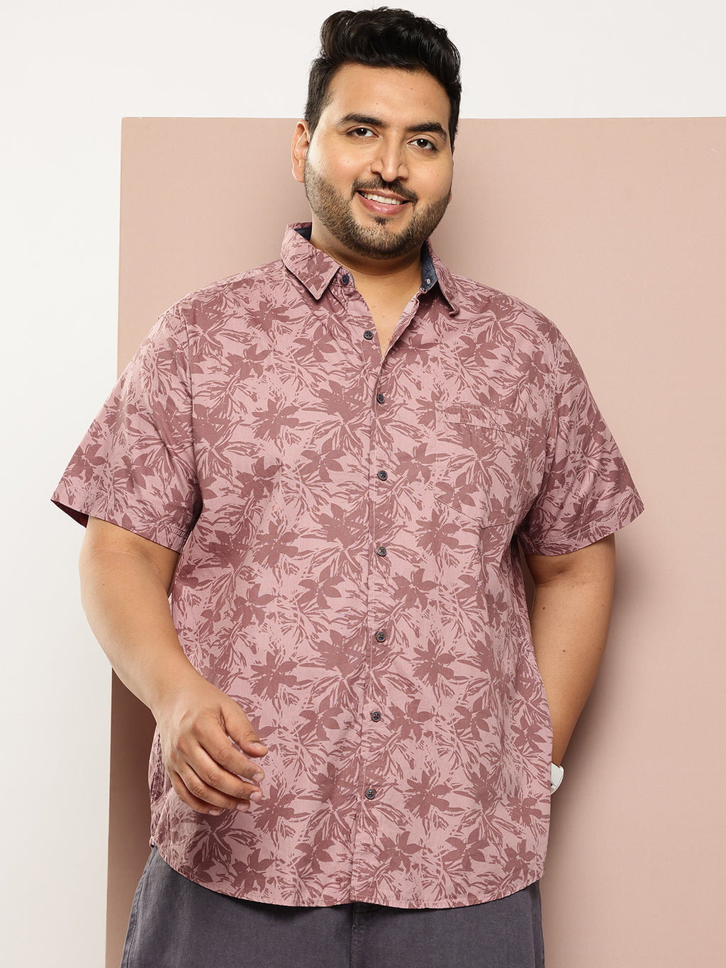 Thomas Scott Men Pink Plus Size Regular Fit Short Sleeves Spread Collar Floral Print Woven Casual Shirt