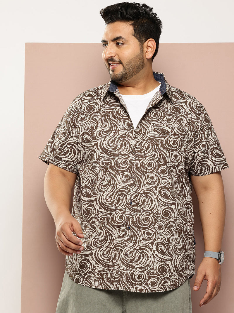 Thomas Scott Men Green Plus Size Regular Fit Short Sleeves Abstract Print Woven Casual Shirt