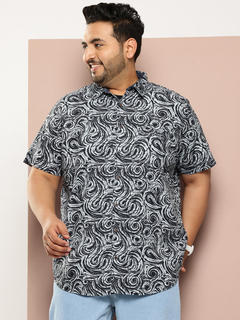 Thomas Scott Men Navy Plus Size Regular Fit Short Sleeves Abstract Print Woven Casual Shirt