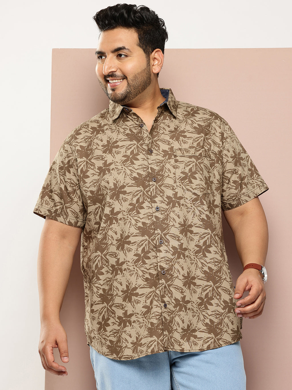 Thomas Scott Men Olive Plus Size Regular Fit Short Sleeves Spread Collar Floral Print Woven Casual Shirt