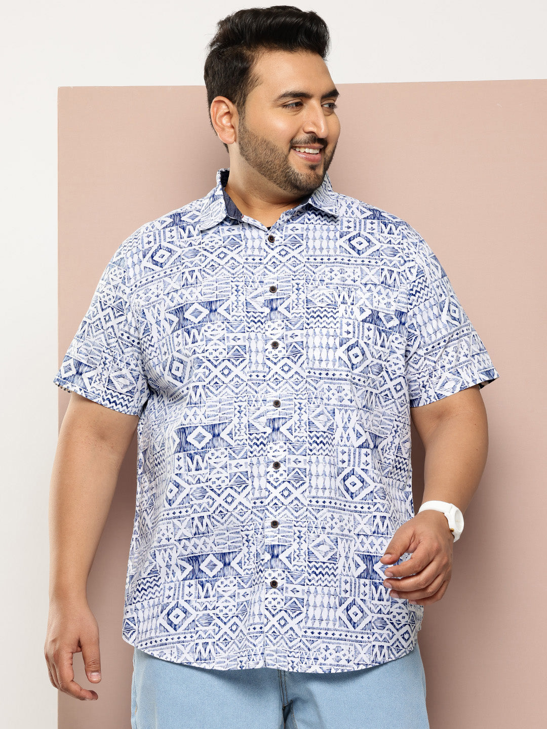 Thomas Scott Men Blue Plus Size Regular Fit Short Sleeves Geometric Print Woven Casual Shirt