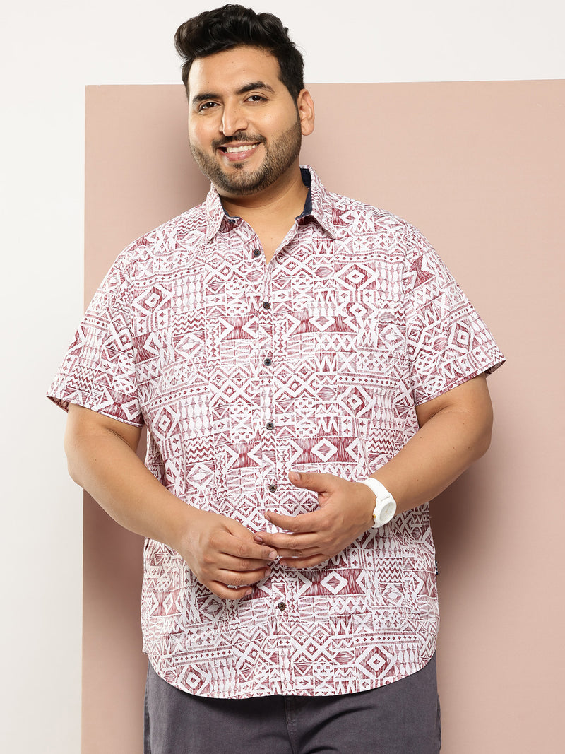 Thomas Scott Men Red Plus Size Regular Fit Short Sleeves Geometric Print Woven Casual Shirt
