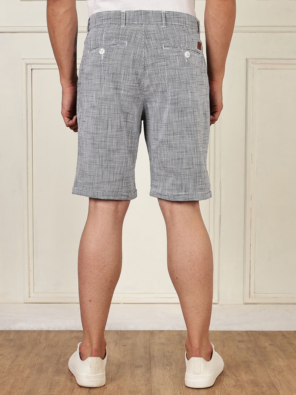Thomas Scott Men Navy Mid-Rise Straight Fit Micro Checks Woven Linen Shorts