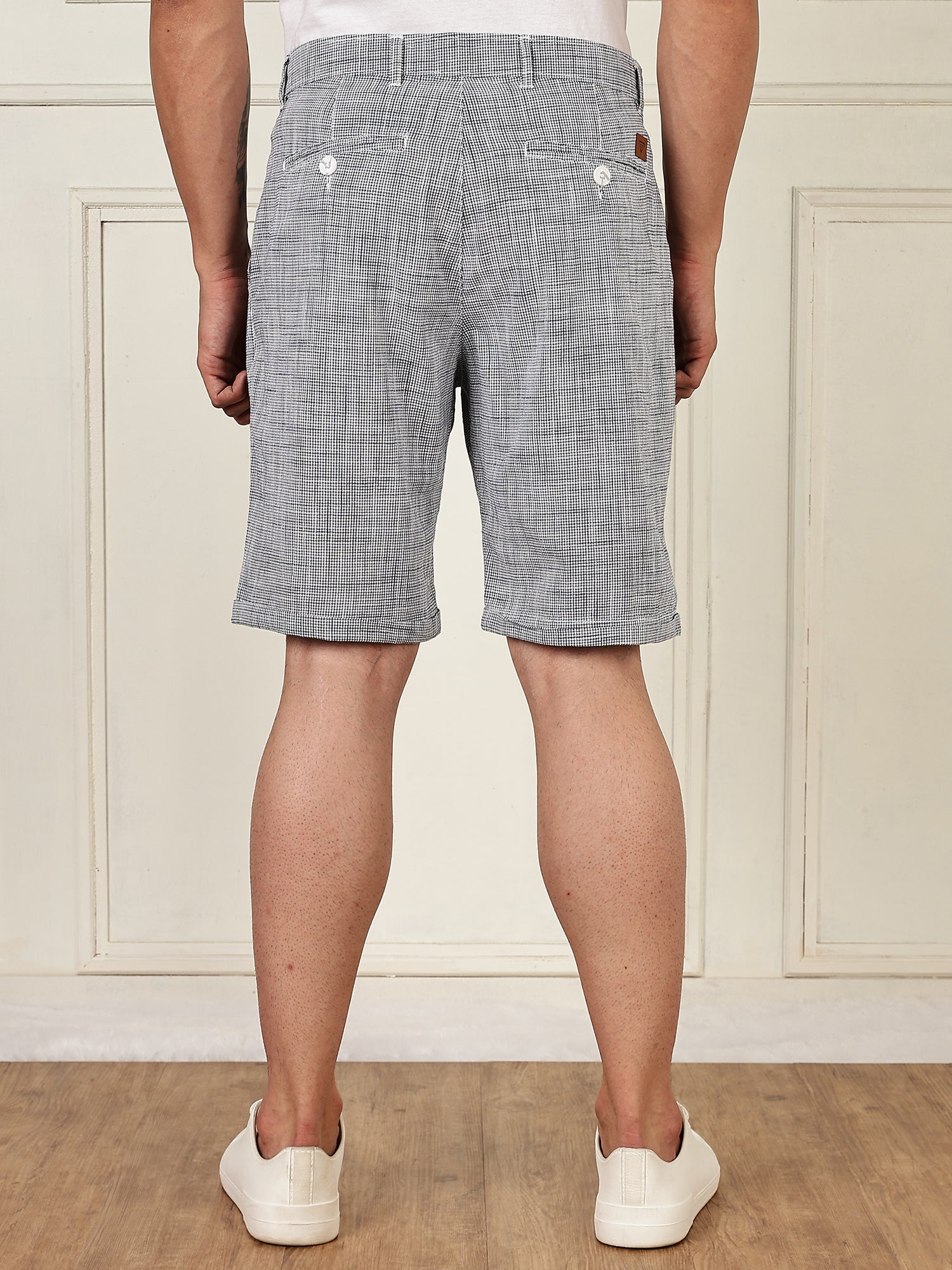 Thomas Scott Men Navy Mid-Rise Straight Fit Micro Checks Woven Linen Shorts