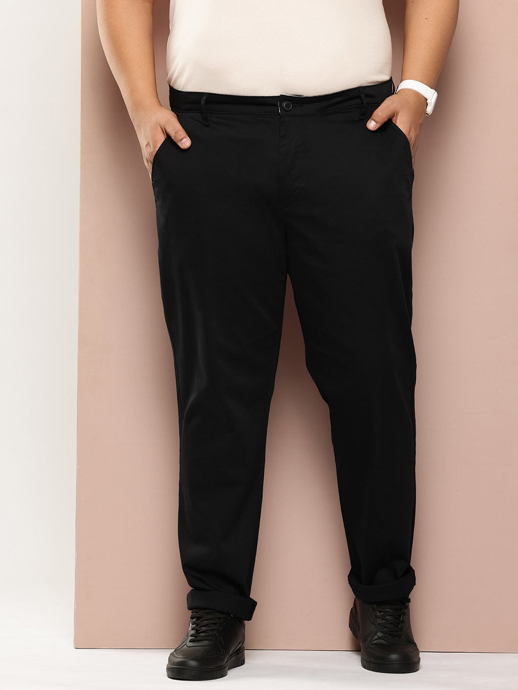 Thomas Scott Men Black Plus Size Mid-Rise Regular Fit Woven Chinos Trouser