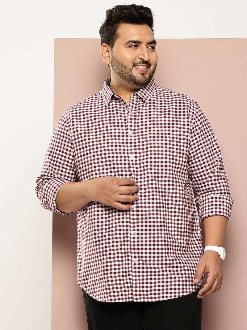 Thomas Scott Men Maroon Plus Size Regular Fit Long Sleeves Gingham Checks Woven Shirt
