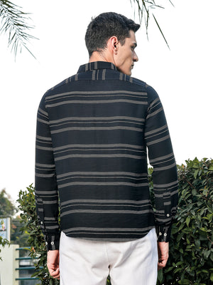 Thomas Scott Men Black Slim Fit Long Sleeves Horizontal Stripes Casual Shirt