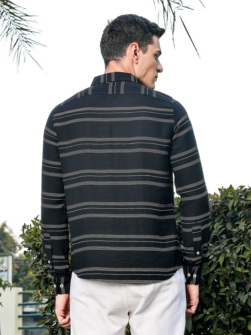 Thomas Scott Men Black Slim Fit Long Sleeves Horizontal Stripes Casual Shirt