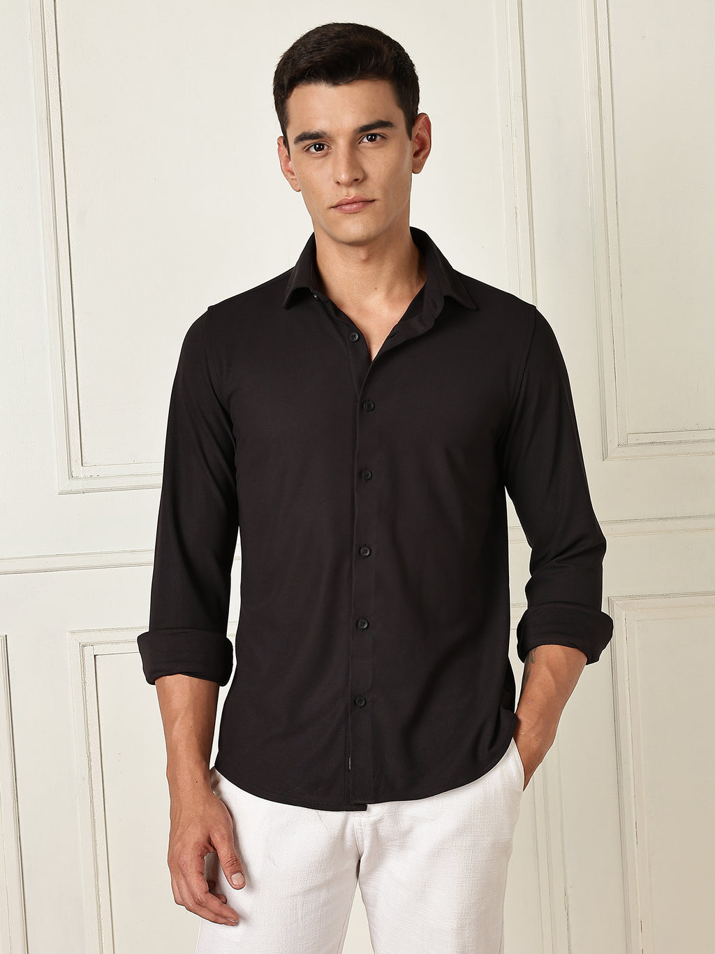 Thomas Scott Men Black Premium Slim Fit Long Sleeves 4 Way Stretch CoolMax Knitted Casual Shirt