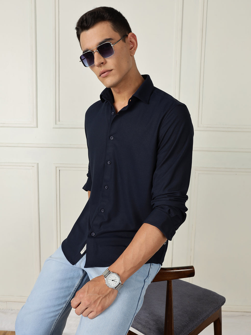 Thomas Scott Men Navy Premium Slim Fit Long Sleeves 4 Way Stretch CoolMax Knitted Casual Shirt