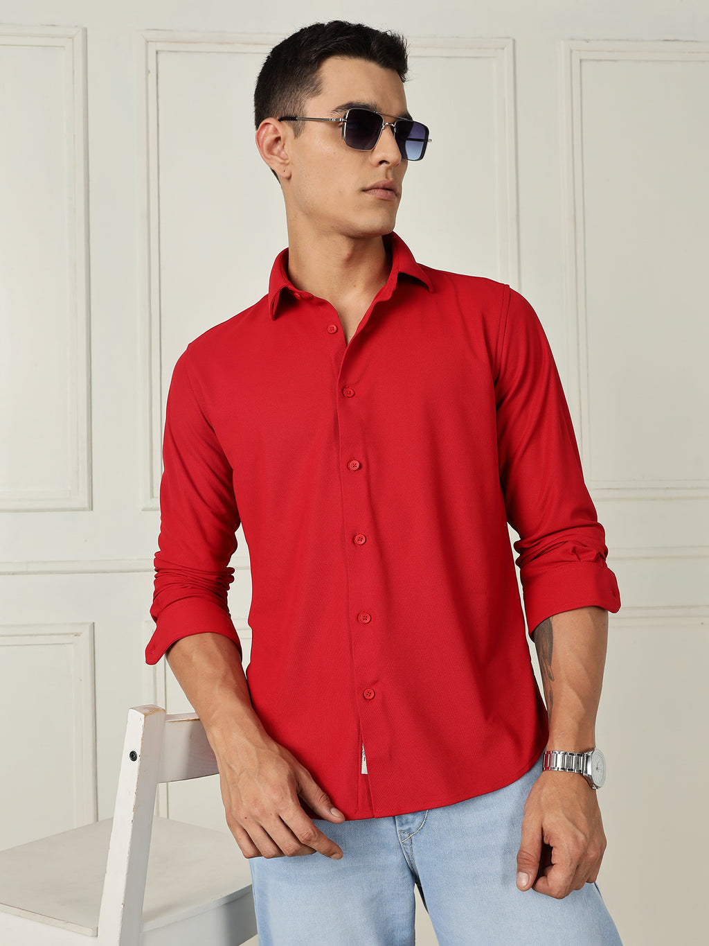 Thomas Scott Men Red Premium Slim Fit Long Sleeves 4 Way Stretch CoolMax Knitted Casual Shirt