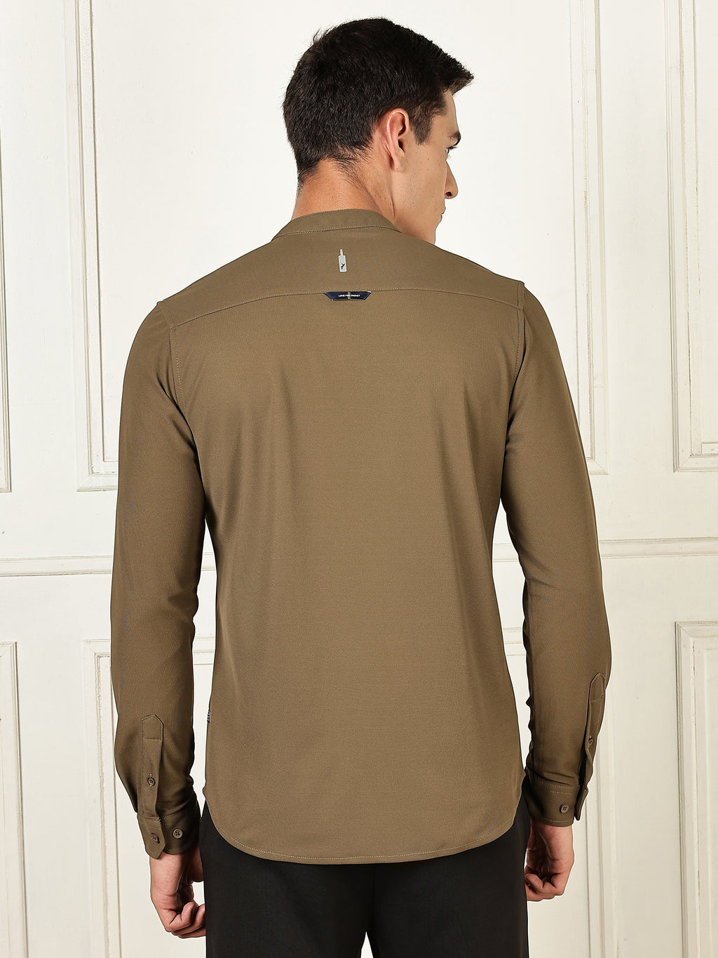 Thomas Scott Men Olive Premium Slim Fit Long Sleeves Mandarin Collar 4 Way Stretch CoolMax Knitted Shirt