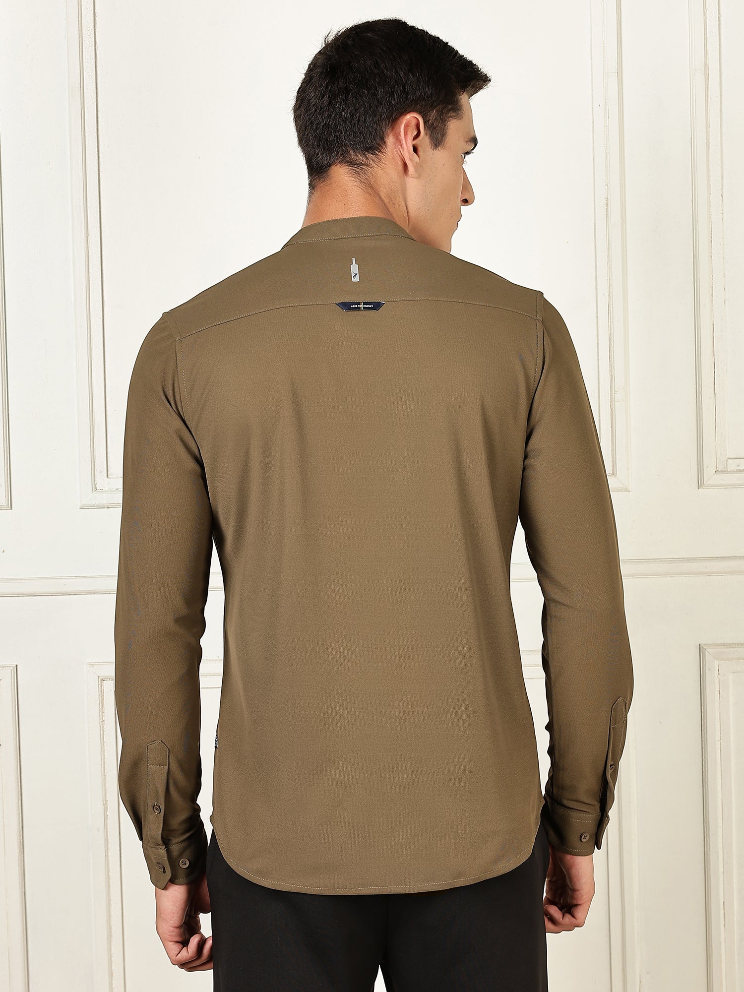 Thomas Scott Men Olive Premium Slim Fit Long Sleeves Mandarin Collar 4 Way Stretch CoolMax Knitted Shirt
