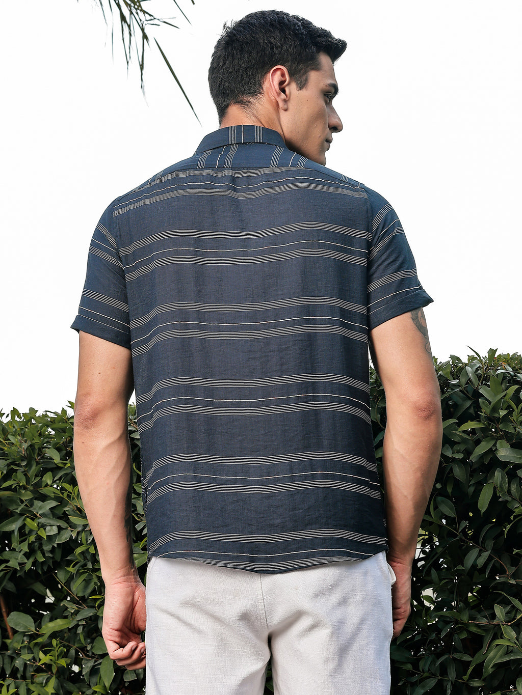 Thomas Scott Men Peacock Slim Fit Short Sleeves Horizontal Stripes Woven Casual Shirt