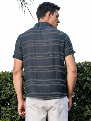 Thomas Scott Men Peacock Slim Fit Short Sleeves Horizontal Stripes Woven Casual Shirt