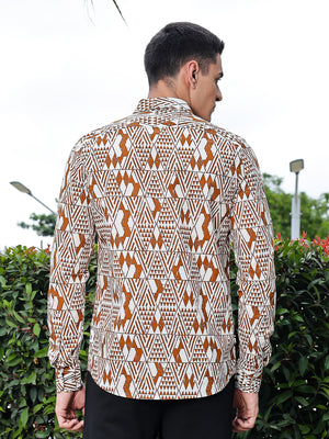 Thomas Scott Men Brown Regular Fit Long Sleeves Geometric Print Pure Cotton Casual Shirt
