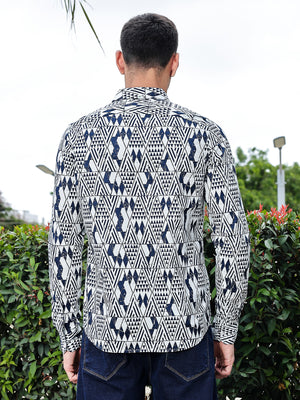 Thomas Scott Men Navy Blue Regular Fit Long Sleeves Geometric Print Pure Cotton Casual Shirt
