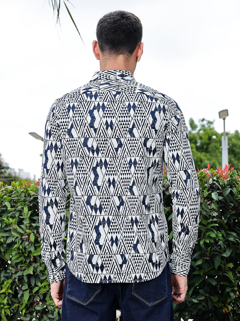 Thomas Scott Men Navy Blue Regular Fit Long Sleeves Geometric Print Pure Cotton Casual Shirt
