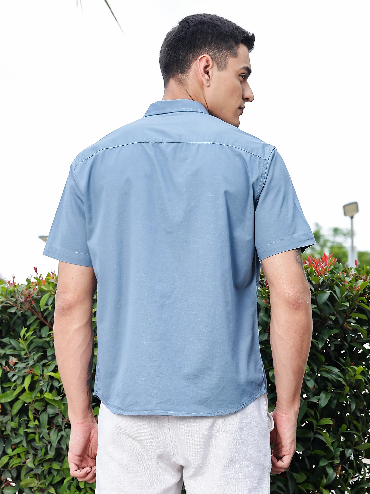 Thomas Scott Men Medium Blue Regular Fit Short Sleeves Spread Collar Embroidered Shirt