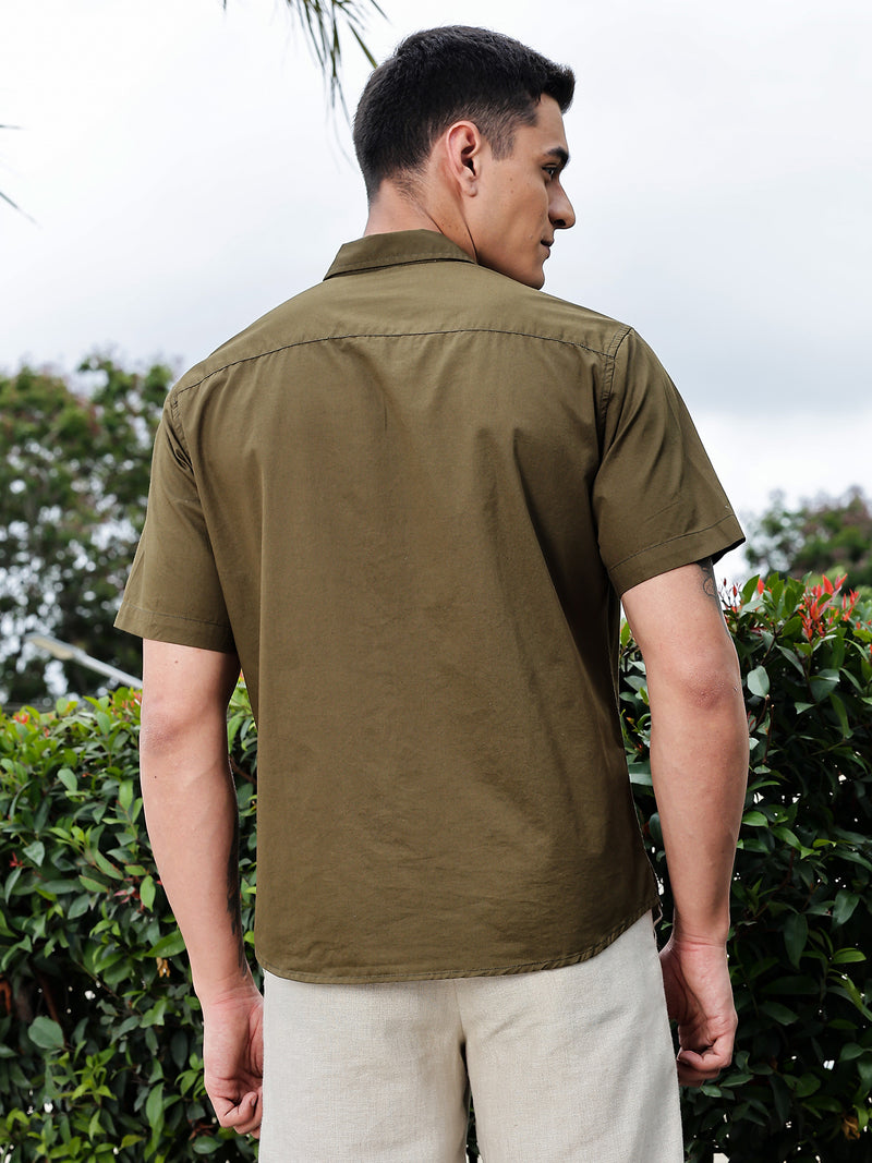 Thomas Scott Men Mehandi Regular Fit Short Sleeves Spread Collar Embroidered Shirt
