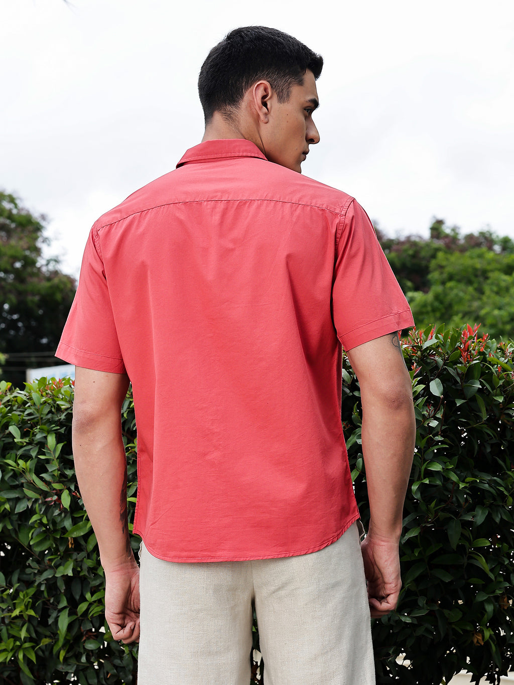 Thomas Scott Men Red Regular Fit Short Sleeves Spread Collar Embroidered Shirt