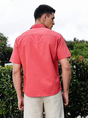 Thomas Scott Men Red Regular Fit Short Sleeves Spread Collar Embroidered Shirt