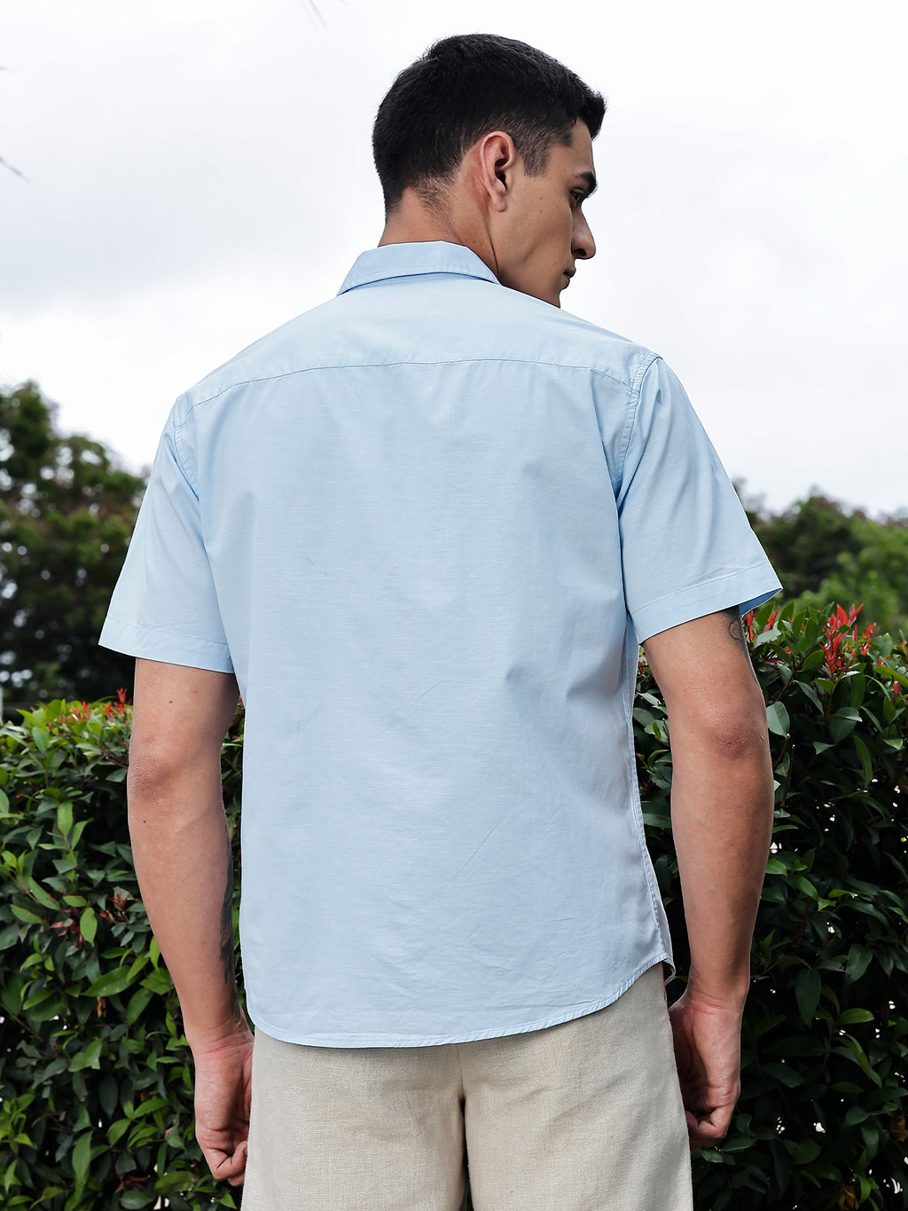 Thomas Scott Men SkyBlue Regular Fit Short Sleeves Spread Collar Embroidered Shirt