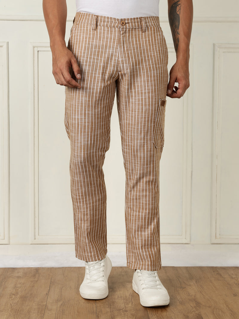 Thomas Scott Men Beige Mid-Rise Straight Fit Striped Linen Trouser