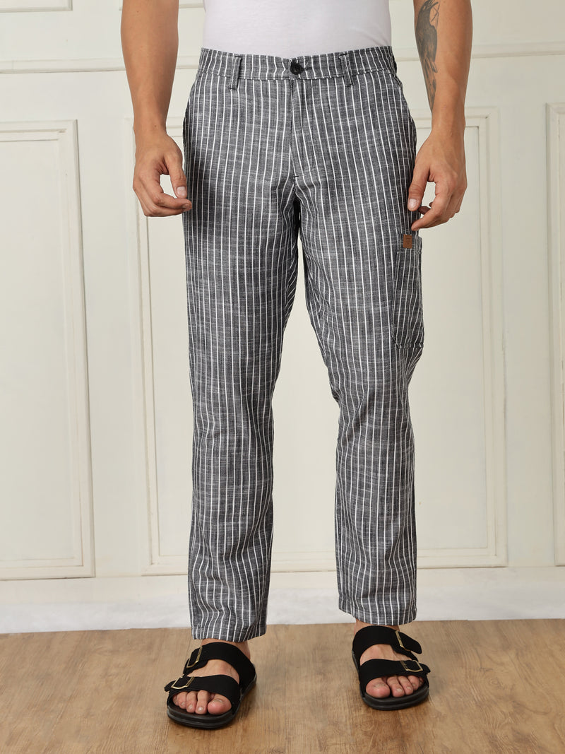 Thomas Scott Men Black Mid-Rise Straight Fit Striped Linen Trouser