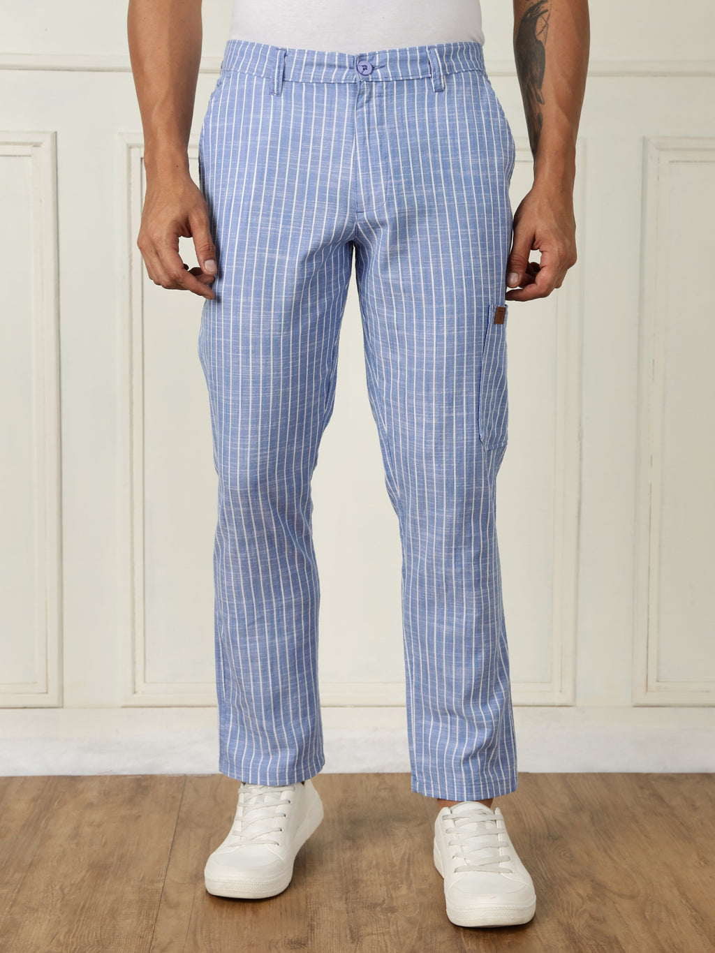 Thomas Scott Men Blue Mid-Rise Straight Fit Striped Linen Trouser