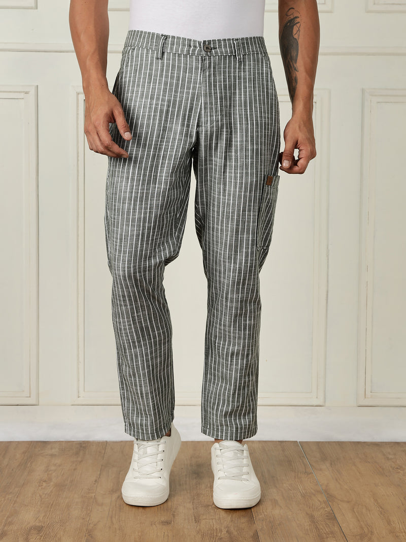Thomas Scott Men Green Mid-Rise Straight Fit Striped Linen Trouser